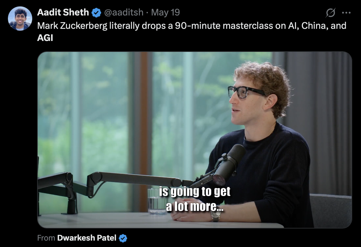 @aaditsh X post: 'Mark Zuckerberg literally drops a 90-minute masterclass on AI, China, and AGI'